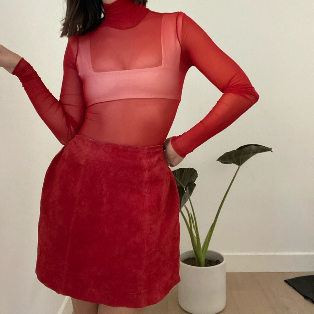 Red suede mini skirt